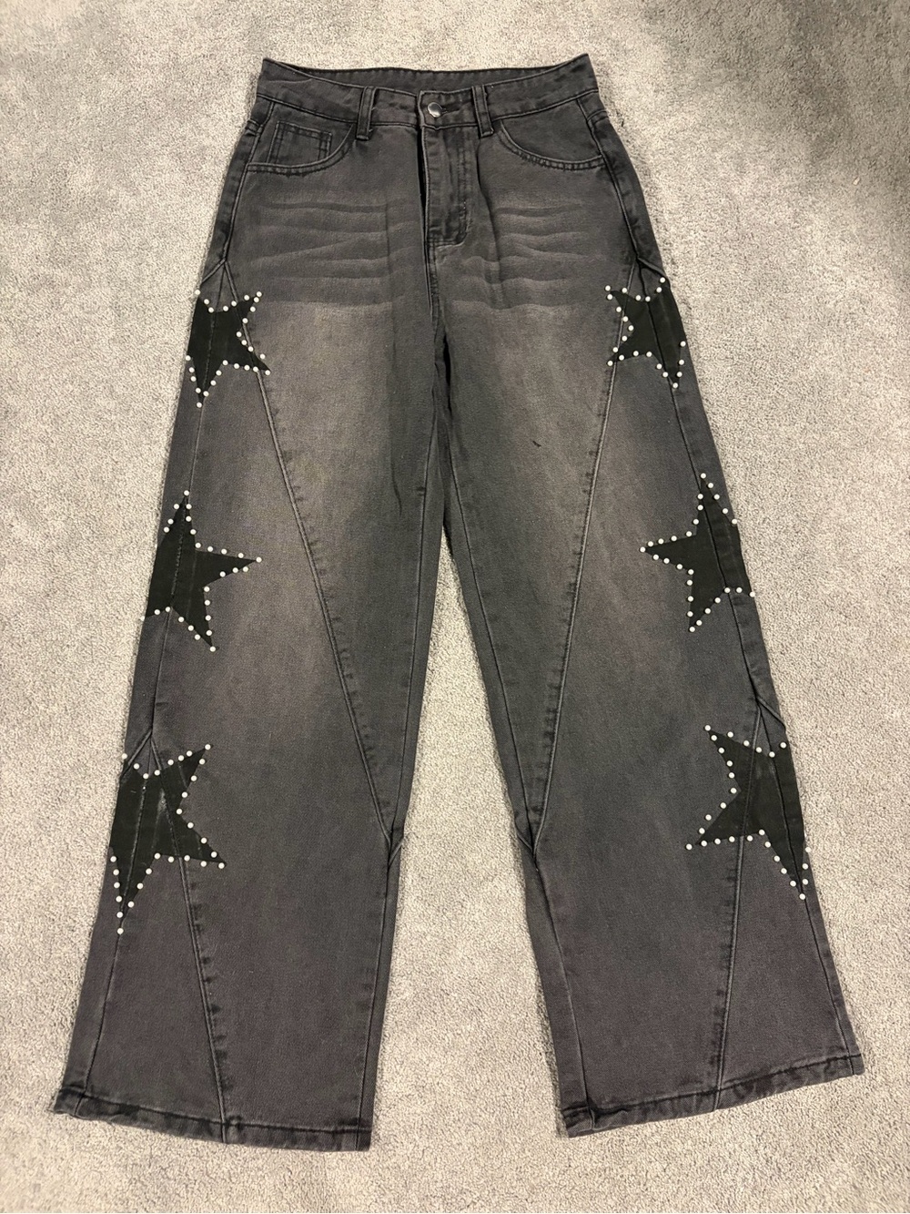 Black Star-Accent Wide Leg Jeans